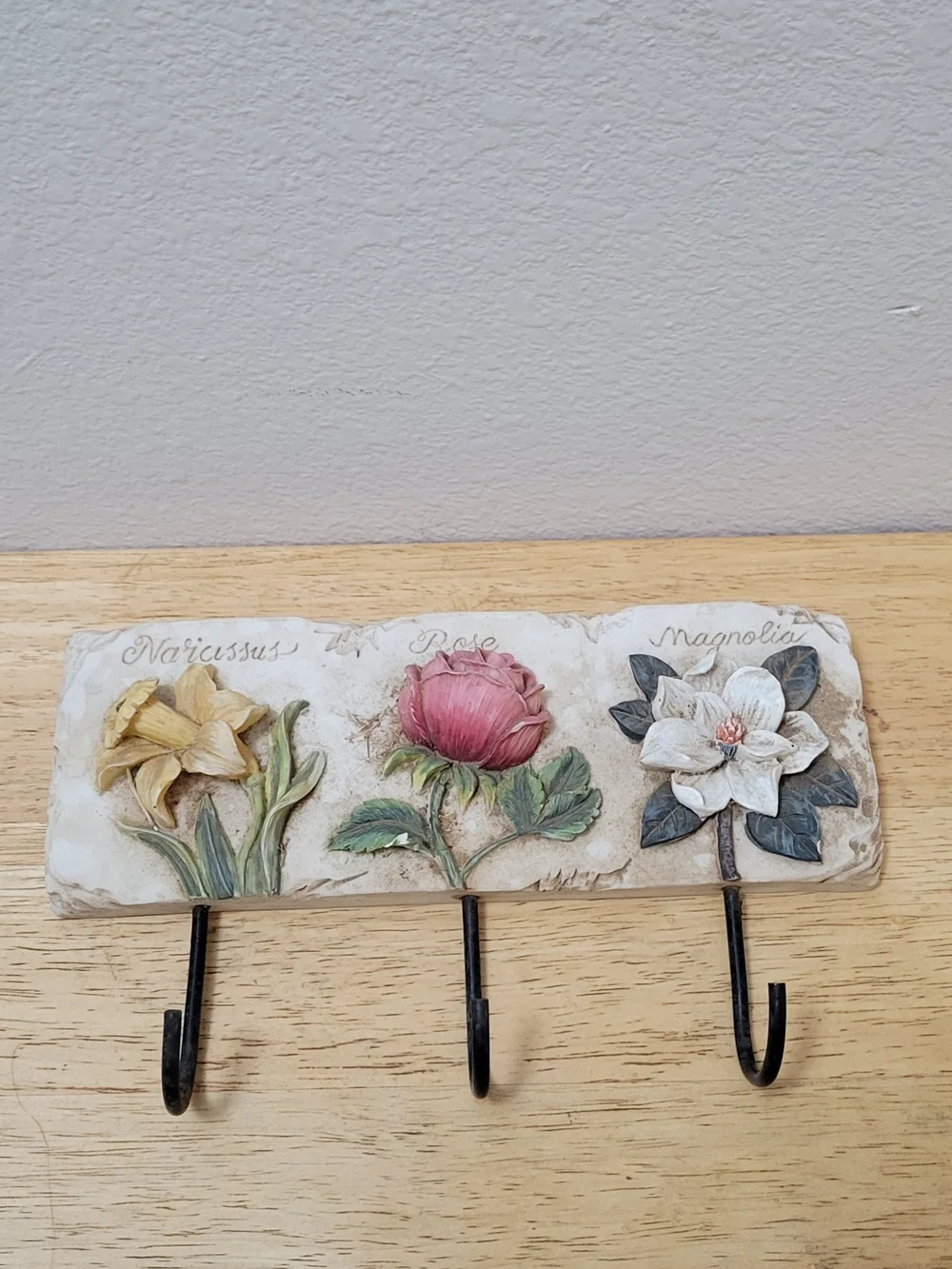 Vintage Style Floral Hook Rack with Pink Rose, Yellow Narcissus & White Magnolia